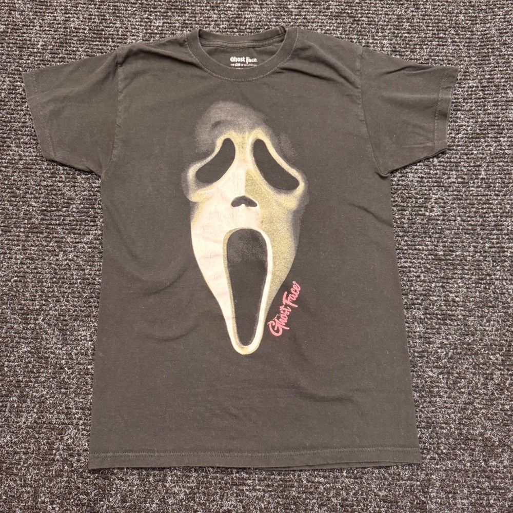 Ghost Face Scream Movie Graphic T-Shirt Black Faded Halloween Mens Small SM